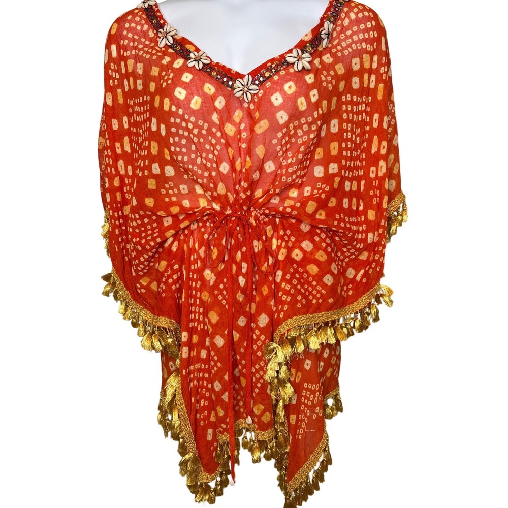 Graham Kandiah Womens Orange Kaftan One Size Shell Tassel Boho Resortwear Hippie